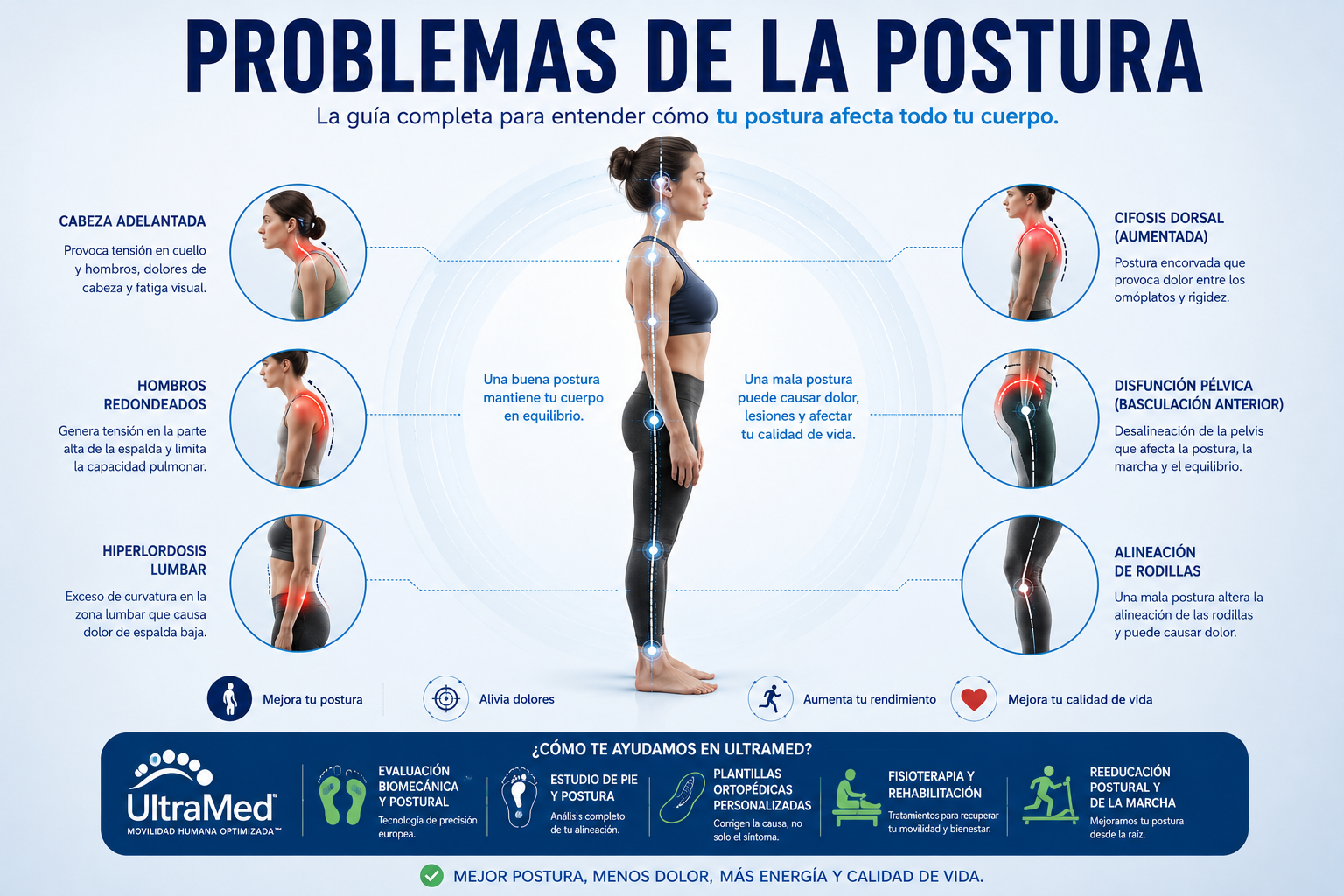 Problemas de postura: cabeza adelantada, hombros redondeados, hiperlordosis lumbar, cifosis dorsal, disfunción pélvica y alineación de rodillas