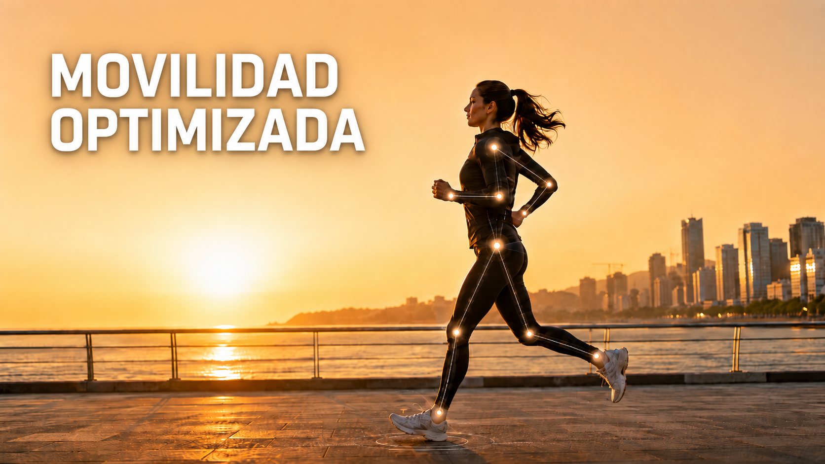 Corredora en movimiento con nodos biomecánicos que representan análisis de pisada, postura y rendimiento deportivo con plantillas ortopédicas personalizadas.