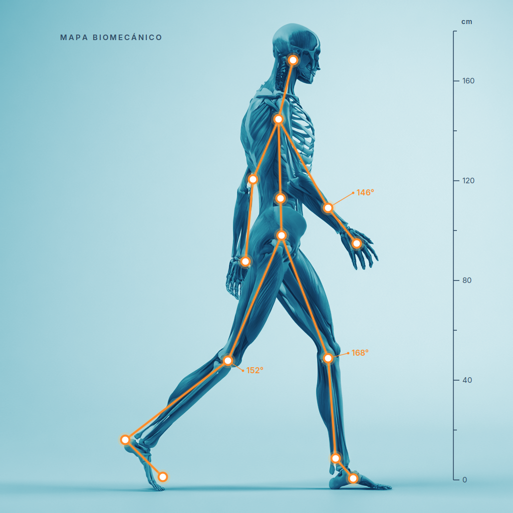 Modelo biomecánico de UltraMed: cadenas de movimiento marcadas sobre el cuerpo humano, de la cabeza a los pies.