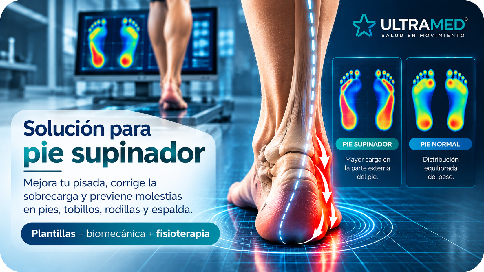 Pie supinador con mayor carga sobre la parte externa comparado con una distribución normal de presión plantar